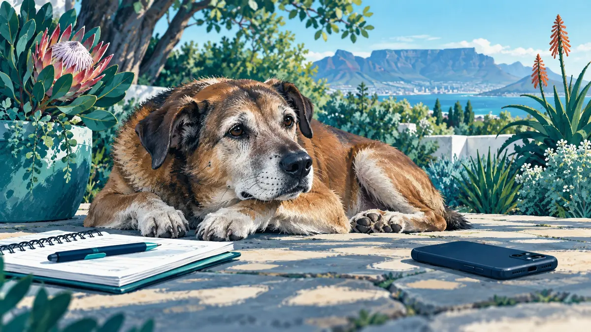 Editorial illustration of a senior dog beside a notebook and phone in a South African garden