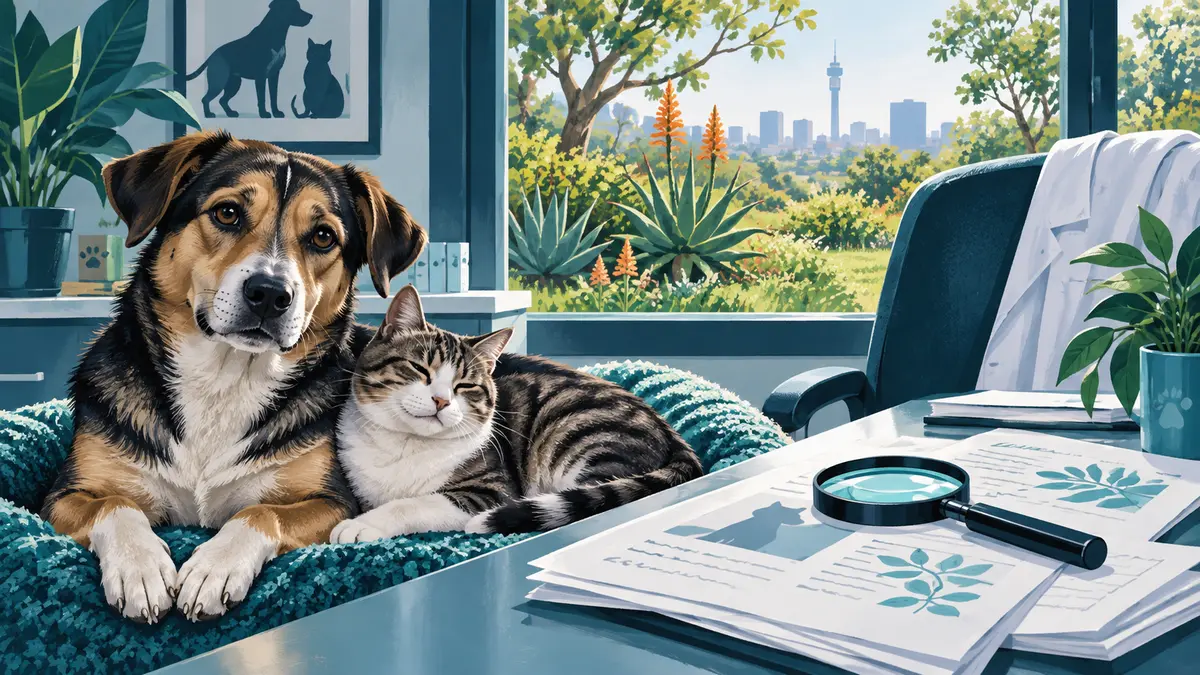 Editorial illustration of a dog and cat beside research papers in a South African veterinary consultation