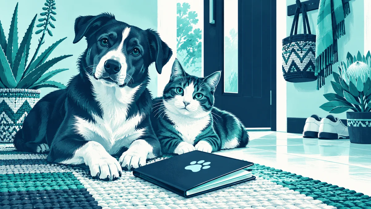 Editorial illustration of a dog and cat beside a pet health booklet in navy and teal