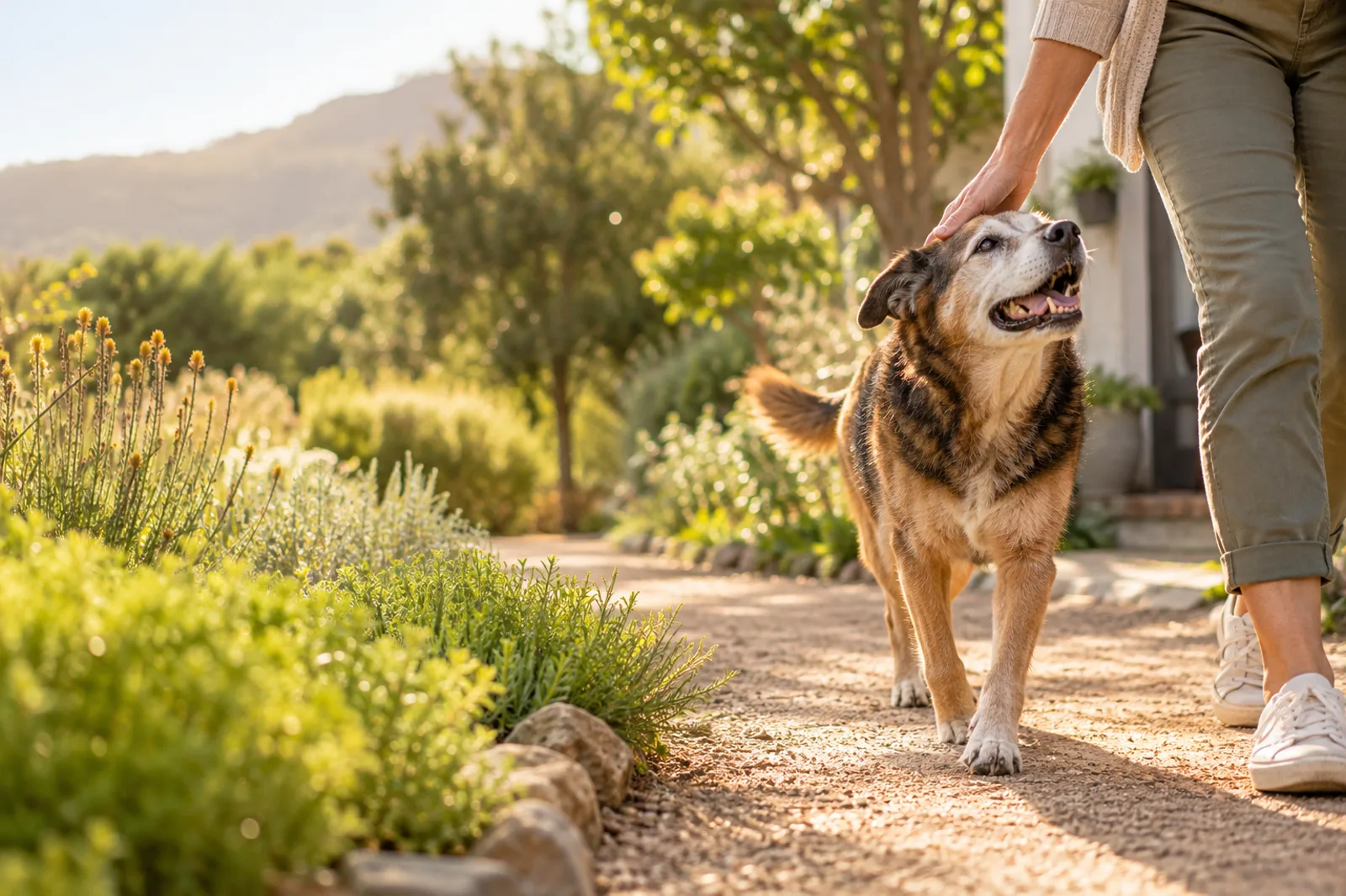 A senior dog enjoying a morning walk with its owner in a South African garden