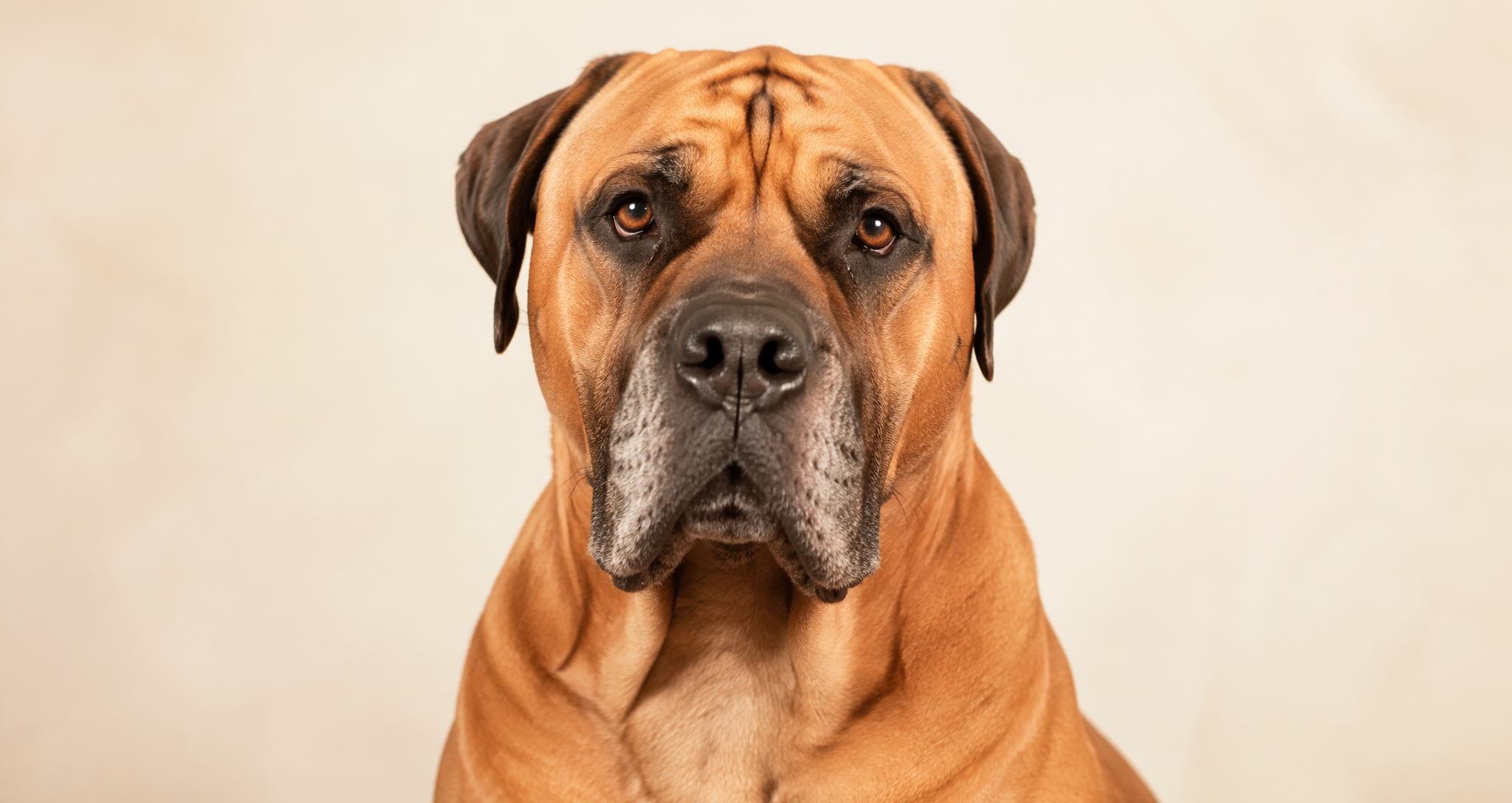 Diesel, a dignified nine-year-old Boerboel on a warm cream background